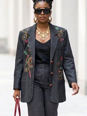 RARE! NEW vintage Roni Blanshay embellished dark grey denim blazer wearable art